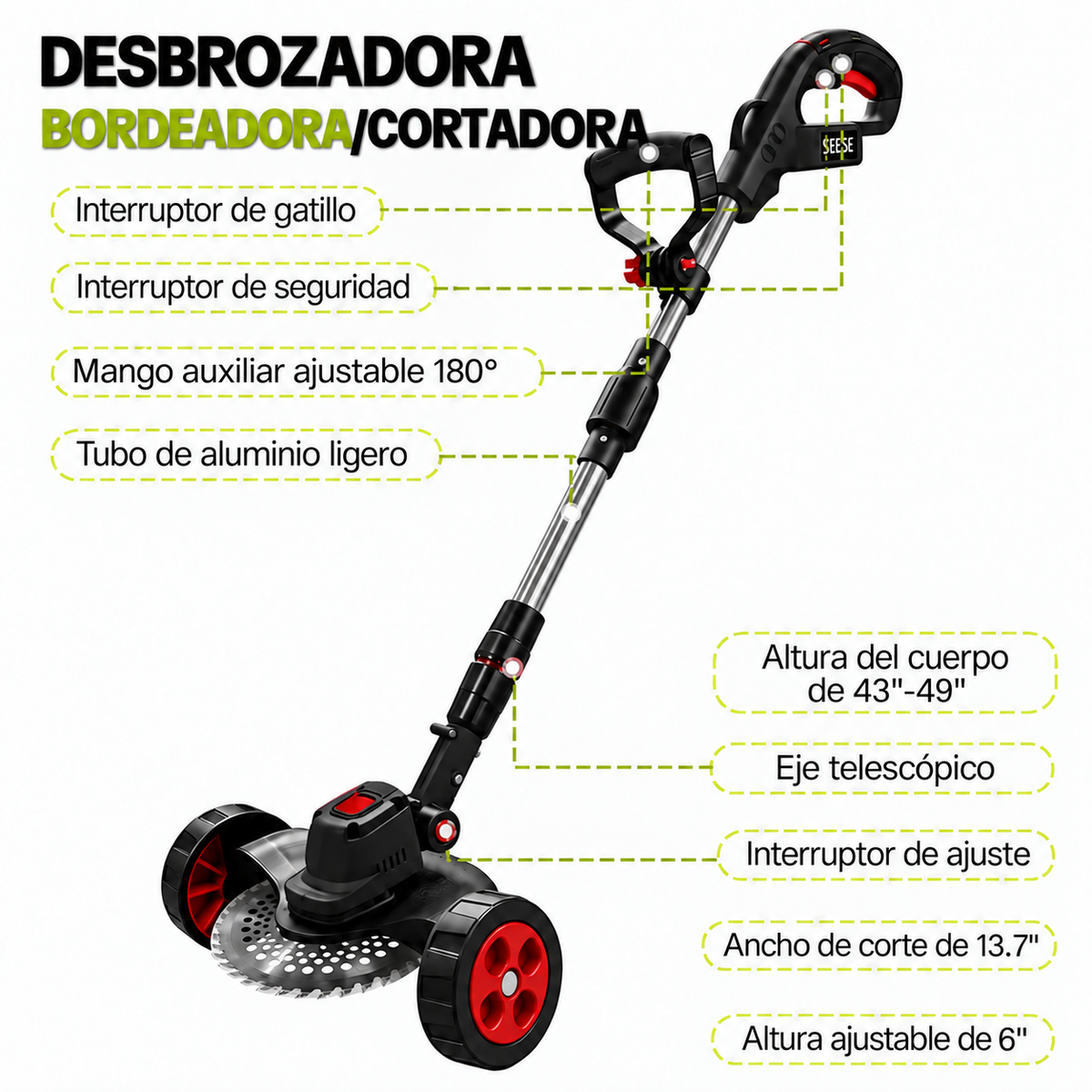 Podadora Black Inalambrica Cesped Ruedas